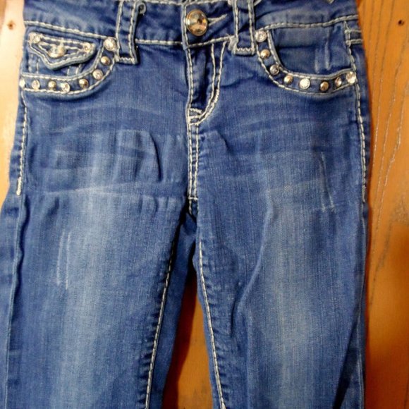 LA IDOL Jeans Sz 0 26x 20 Flap Fleur pocket Bling Dark wash Crop Capri Designer - Picture 9 of 12